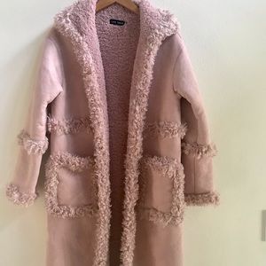 Pink faux fur, faux suede long coat. Love Token. XS
